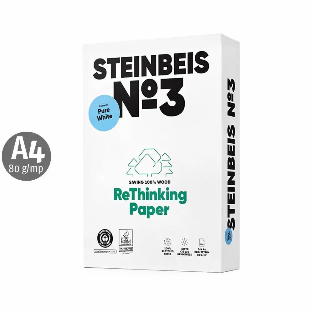 Hartie copiator reciclata Steinbeis NO 3 Pure White A4 80g 500 coli - Eco-friendly, certificata Blue Engel