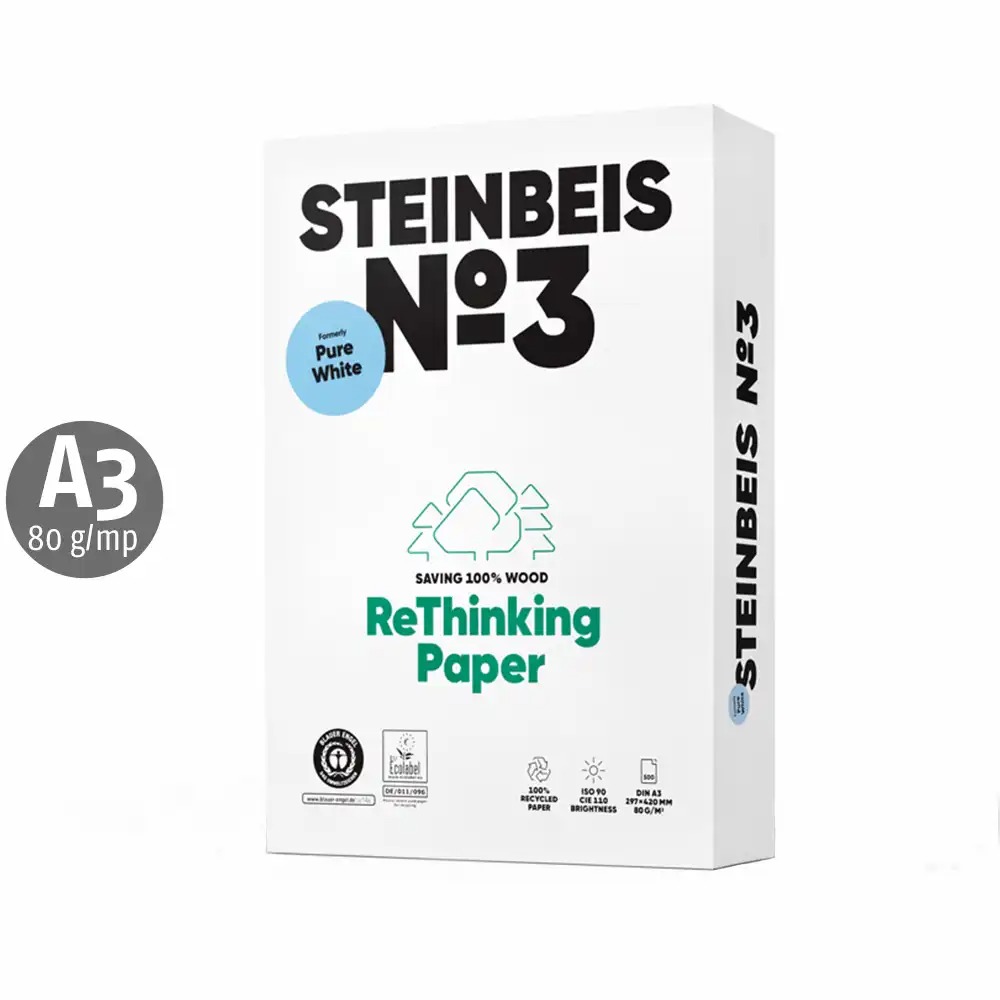 Hartie copiator reciclata Steinbeis NO 3 Pure White A3 80g/mp 500 coli - Eco-friendly, certificata Blue Engel, Eu-Ecolabel