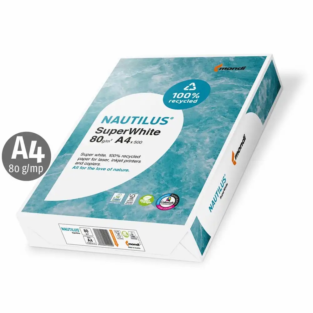 Hartie copiator reciclata Nautilus Super White A4 80g 500 coli - sustenabila, performanta ridicata