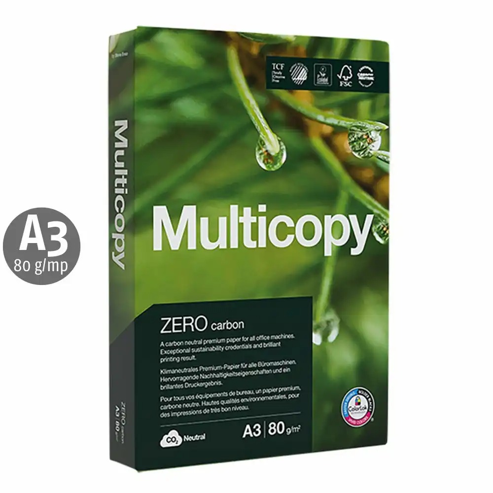 Hartie copiator Multicopy Zero A3 80g/mp 500 coli/top 5 topuri/cutie, certificata ecologic, ideala pentru imprimare laser si jet de cerneala