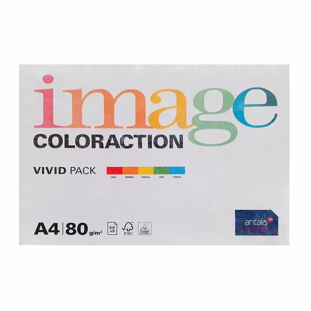 Hartie color Coloraction A4, 80 g/mp, 5 culori intense x 50 coli, 250 coli/top, set diversificat pentru proiecte creative