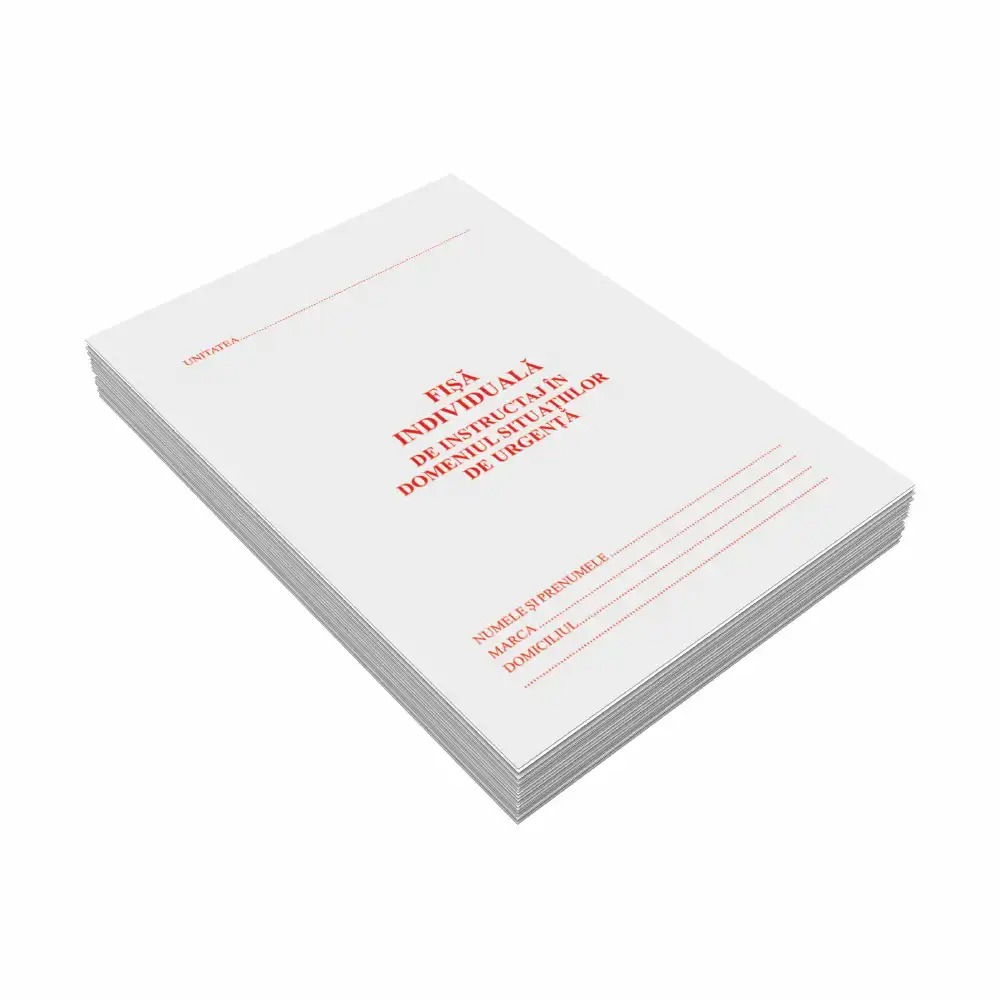 Set 25 Fise Individual Instructaj Situatii Urgenta, Carnet 4 File, 16 Pagini, Albastru si Rosu, Protectie Carton, Siguranta Angajati