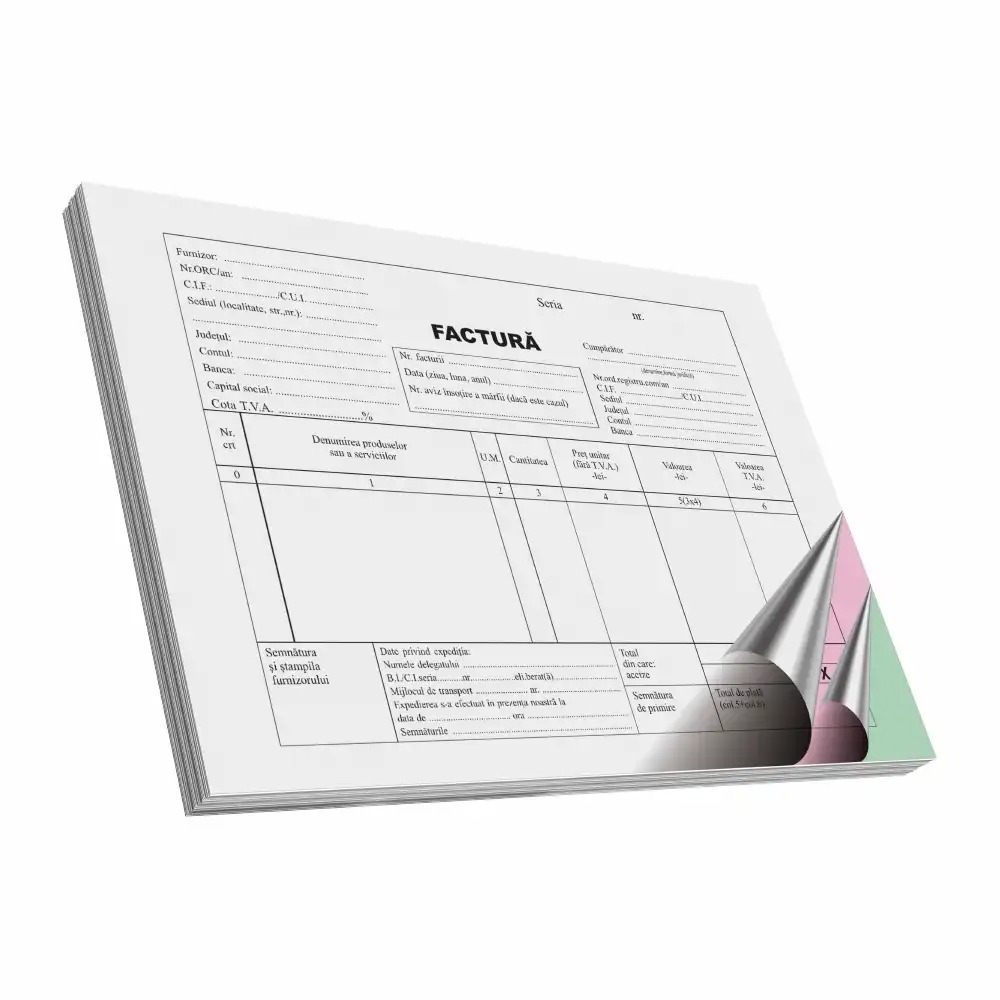Facturi cu TVA A5, 50 file, 3 exemplare/set, Autocopiative, Hartie de Calitate, Set 3 Carnete