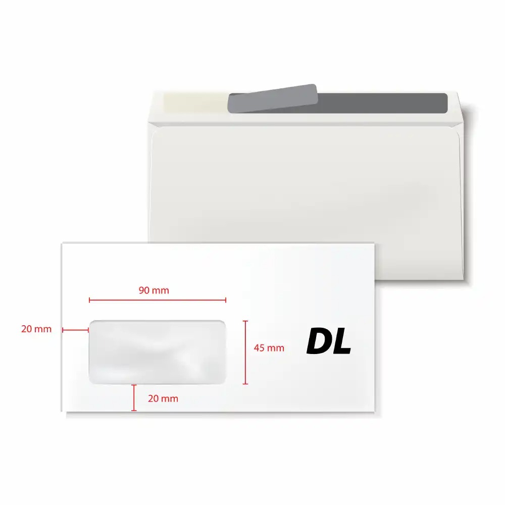 Plicuri DL Alb, 110 x 220 mm, Fereastra 45 x 90 mm, Autoadezive, 80 g/mp, 1000 Buc/Cutie
