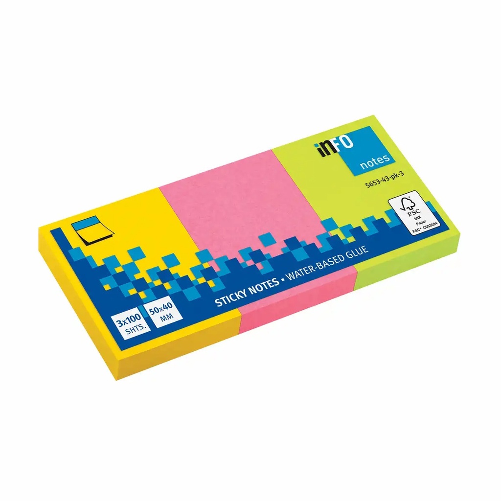 Notite adezive InFO 40x50 mm, 3 culori neon, pachet 300 file - Pentru organizare eficienta si evidentiere clara