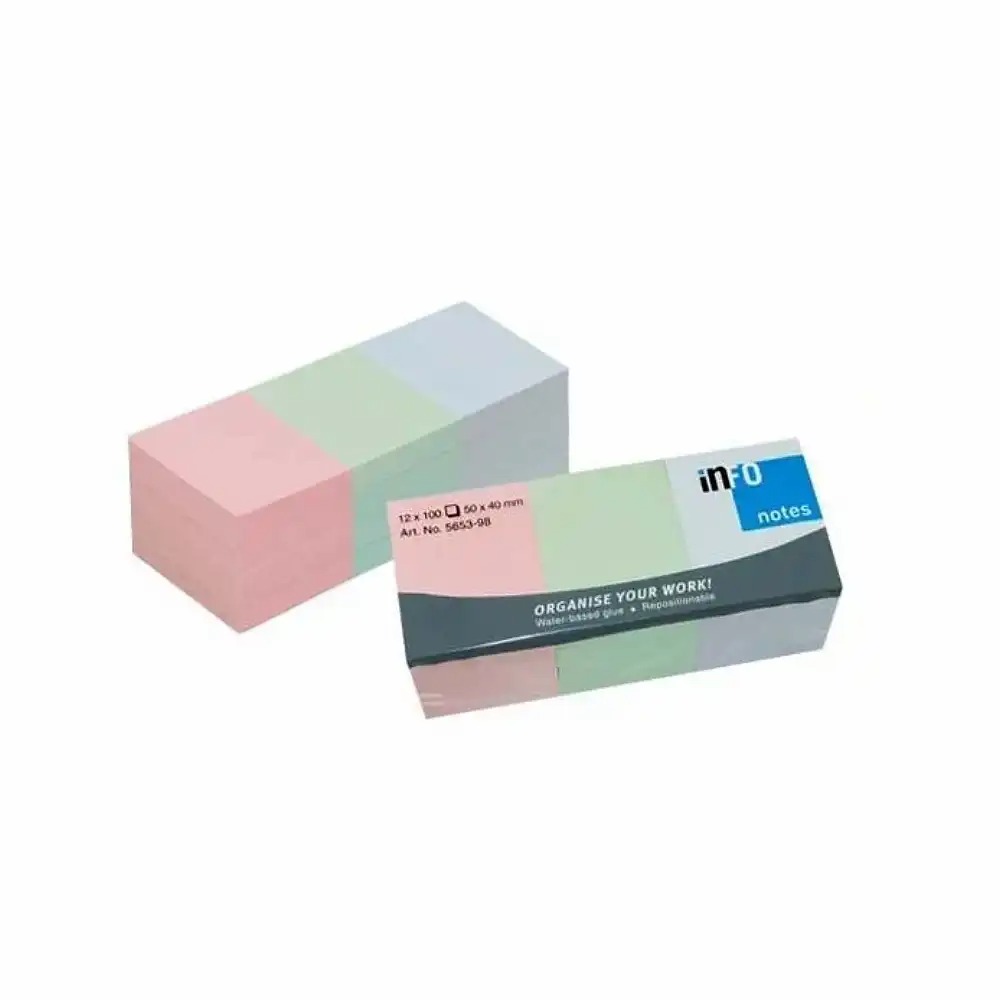 Notite adezive InFO, 40x50 mm, 3 culori pastel, 12 buc/set, ideal pentru organizare eficienta