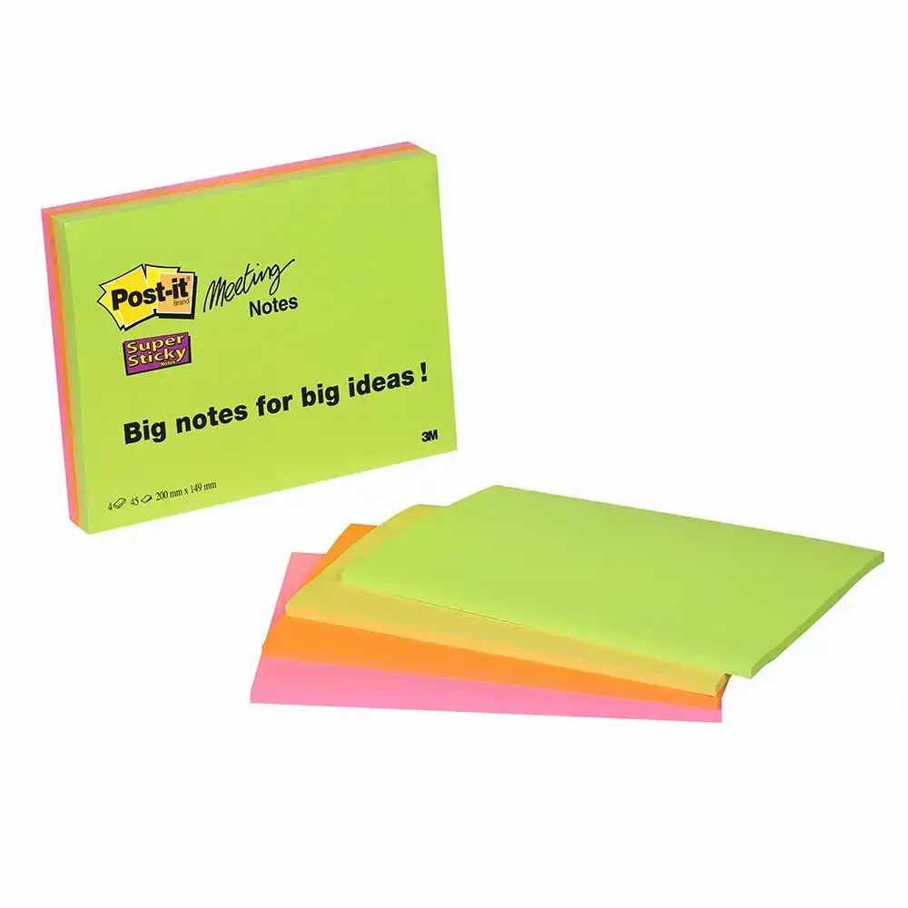 Notite adezive Post-it Super Sticky, 203x153 mm, 45 file x 4 buc, adeziv puternic, ideale pentru birou