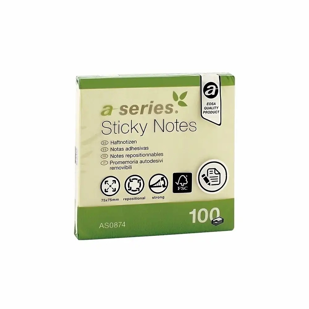 Notite Adezive A-Series 75 x 75 mm, Galbene, 100 file, Organizare Eficienta
