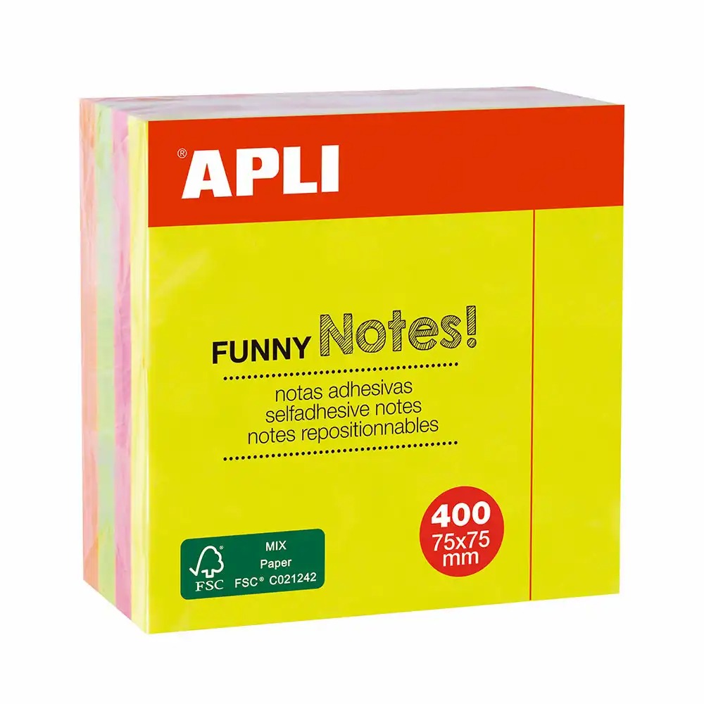 Notite adezive Apli, 75 x 75 mm, 400 file, 4 culori neon, Cub de Notite Vibrant pentru Organizare eficienta