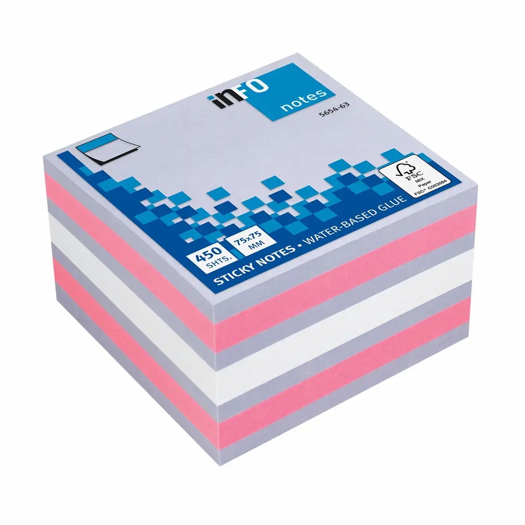 Notite adezive InFO, 75x75 mm, Cub 450 file, violet/roz/alb, hartie offset, culori vibrante