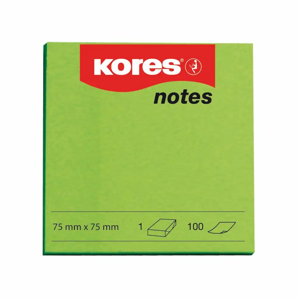 Notite adezive Kores, 75 x 75 mm, verde, 100 file - Organizeaza-ti eficient mesajele cu notitele colorate Kores