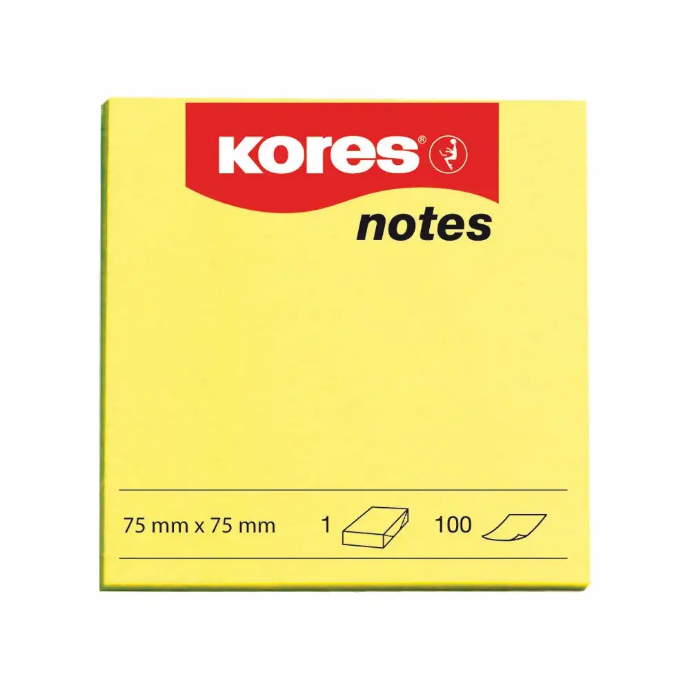 Notite adezive Kores, 75 x 75 mm, galben neon, 100 file, fixare puternica, repozitionare usoara