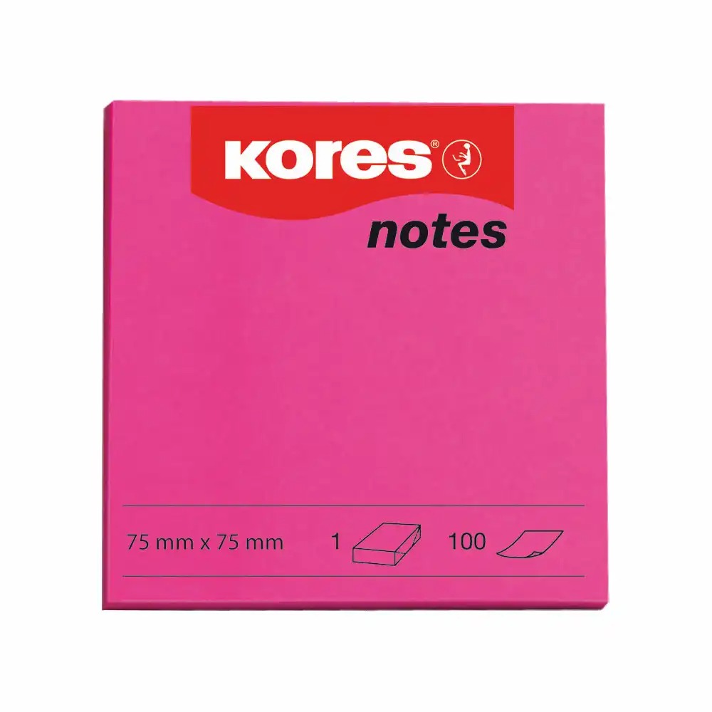 Notite adezive Kores 75 x 75 mm magenta, 100 file - Fixare puternica, culori vibrante