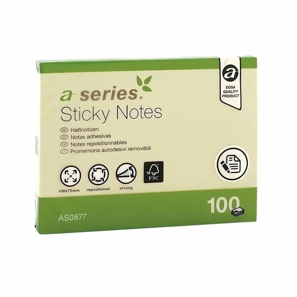 Notite adezive A-Series, 100 x 75 mm, galbene, 100 file - Organizeaza-ti gandurile cu stil!