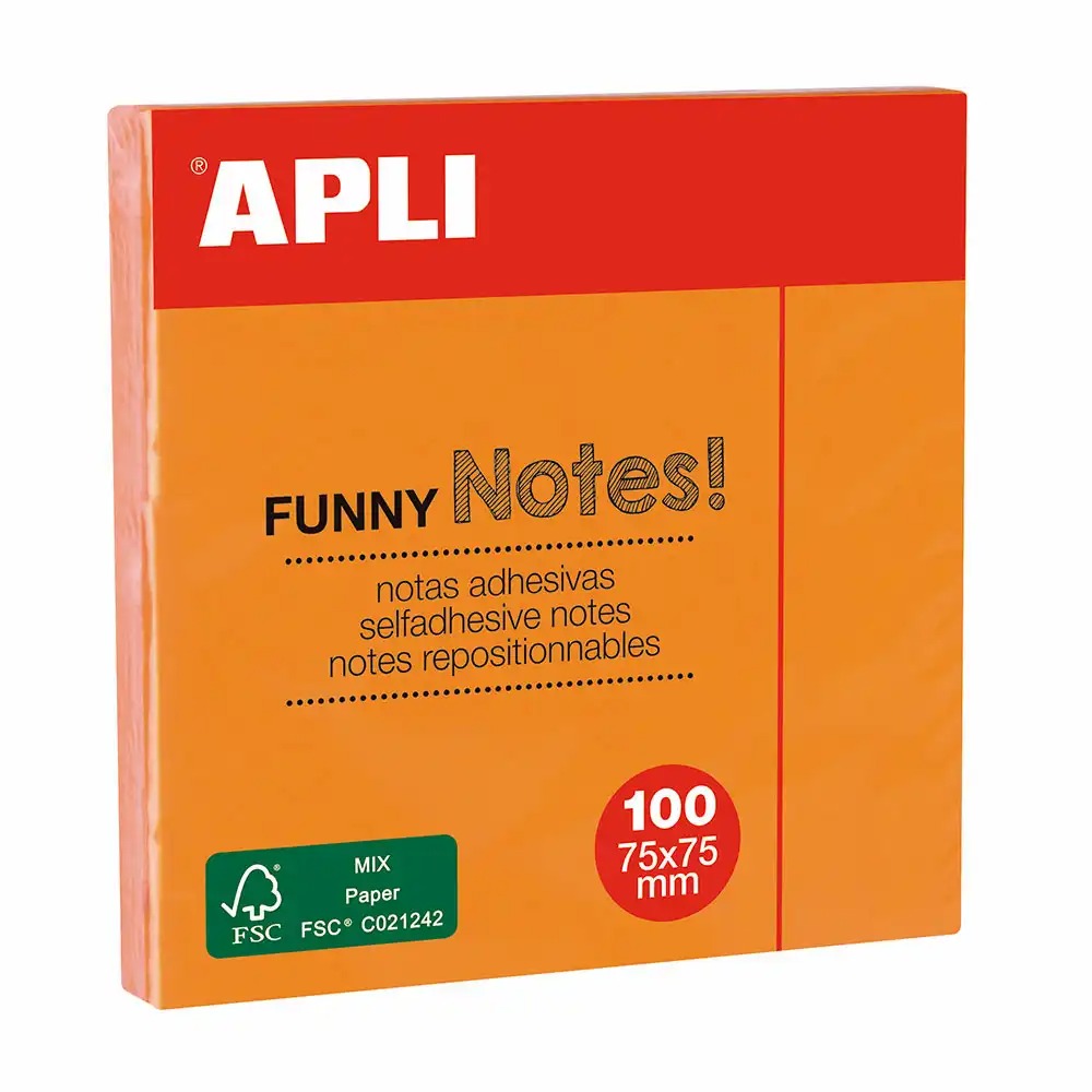 Notite autoadezive Apli, 75 x 75 mm, portocaliu, 100 file, adeziv de inalta calitate