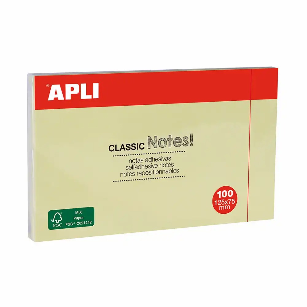 Notite adezive Apli 125 x 75 mm galbene - Set de 100 file, adeziv puternic, perfecte pentru organizare