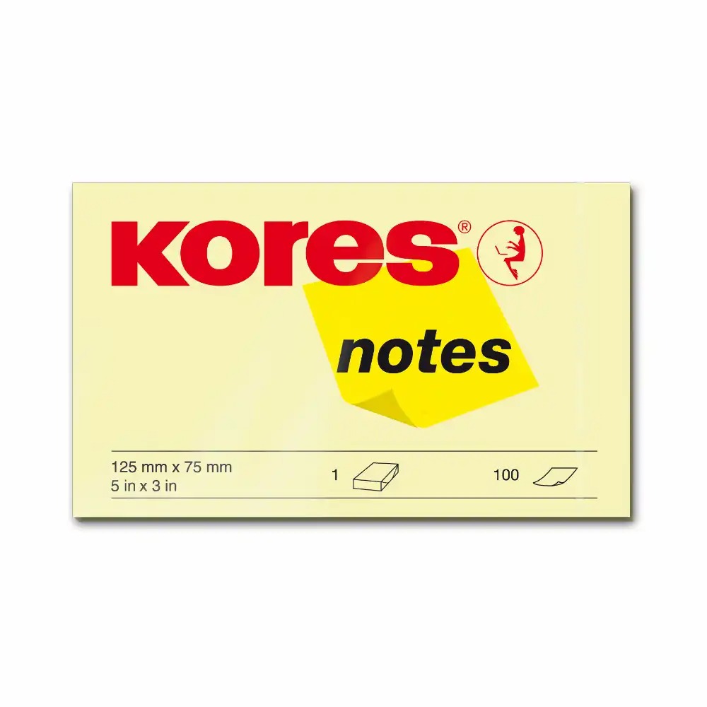 Notite adezive Kores 125 x 75 mm galbene - 100 file, perfecte pentru organizare eficienta