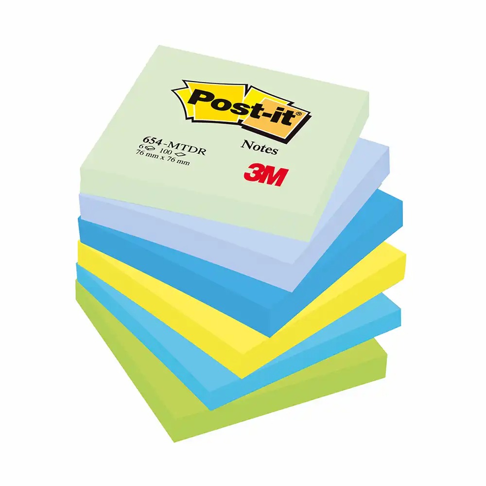 Notite adezive Post-it, 76 x 76 mm, 100 file, Set 6 buc, neon verde/albastru/galben
