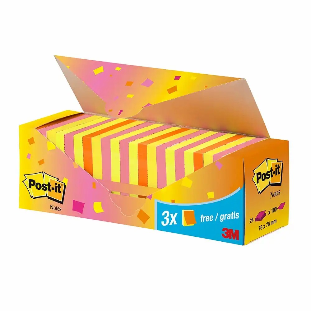 Set 24 blocuri Notite adezive Post-it, 76 x 76 mm, culori neon, 100 file/buc, 21 + 3 gratuite