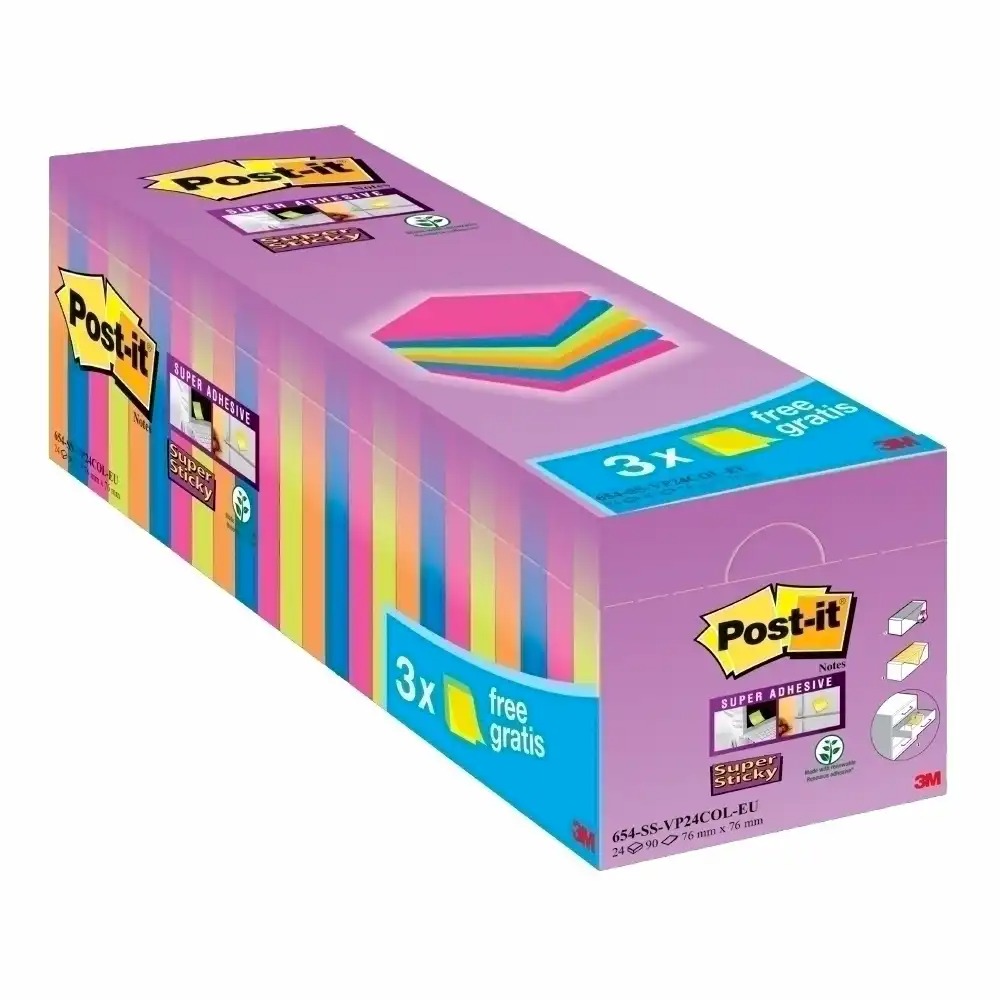 Notite adezive Post-it Super Sticky 76x76 mm neon, 100 file + 21 gratis, ideale pentru organizare eficienta