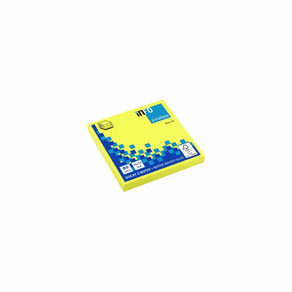 Notite adezive InFO Z-notes, 75x75 mm, galben neon, 80 file/set - Organizeaza-ti eficient ideile cu aceste notite vibrante