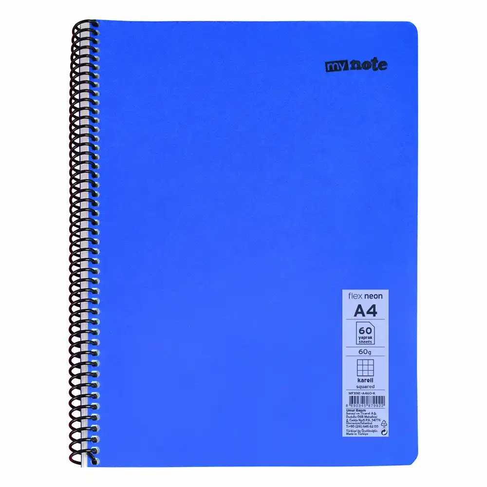 Caiet cu spira Mynote A4, 60 file, liniatura matematica, PP neon, mix 8 culori