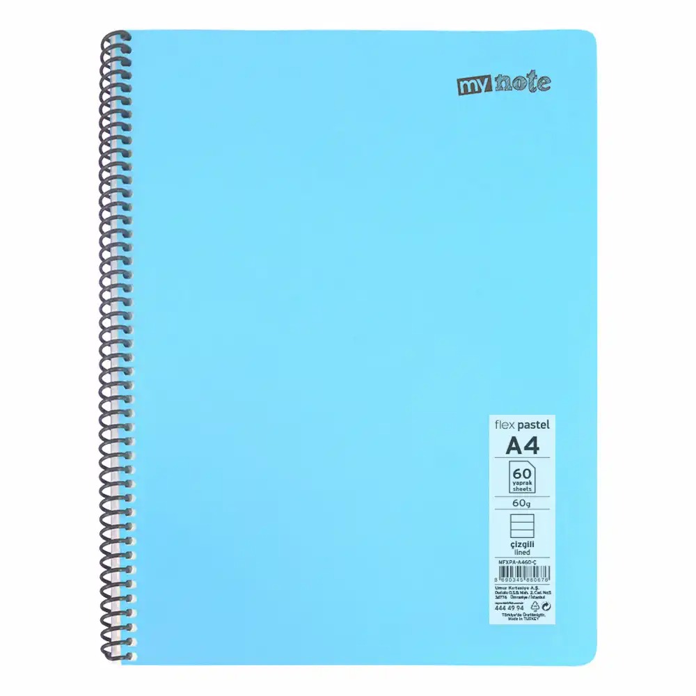 Caiet cu spirala Mynote A4, 60 file, liniatura dictando, coperta PP pastel, mix 8 culori