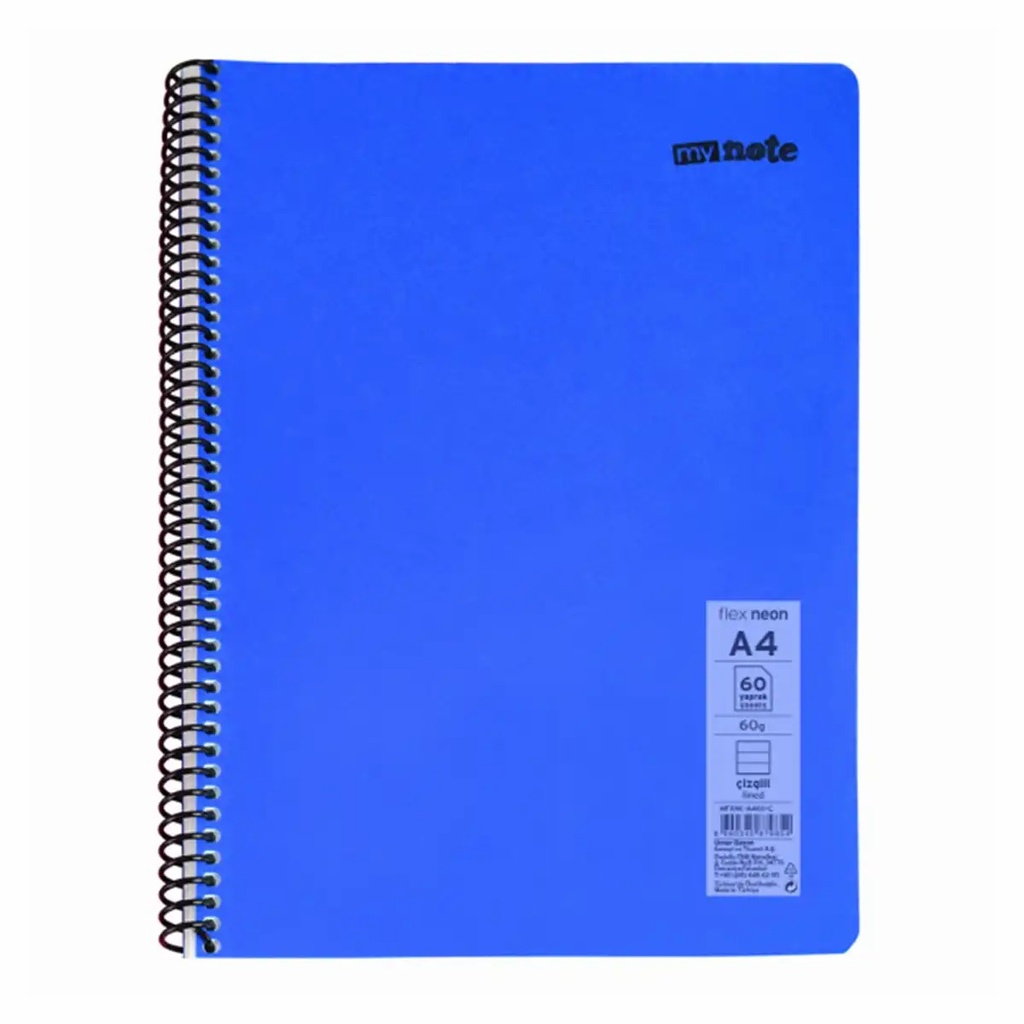 Caiet cu spirala Mynote A4, 60 file, liniatura dictando, PP neon, mix 8 culori