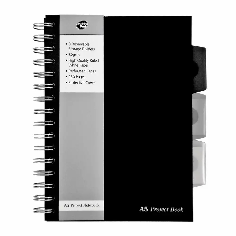 Caiet A5 cu spira si separatoare Pukka Pads BPB, negru, 250 pagini, design elegant