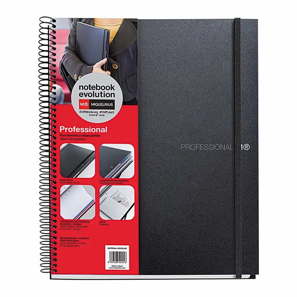 Caiet cu spira Miquelrius Evolution A5, matematica+vellin, 120 file, PP negru, rezistent si versatil