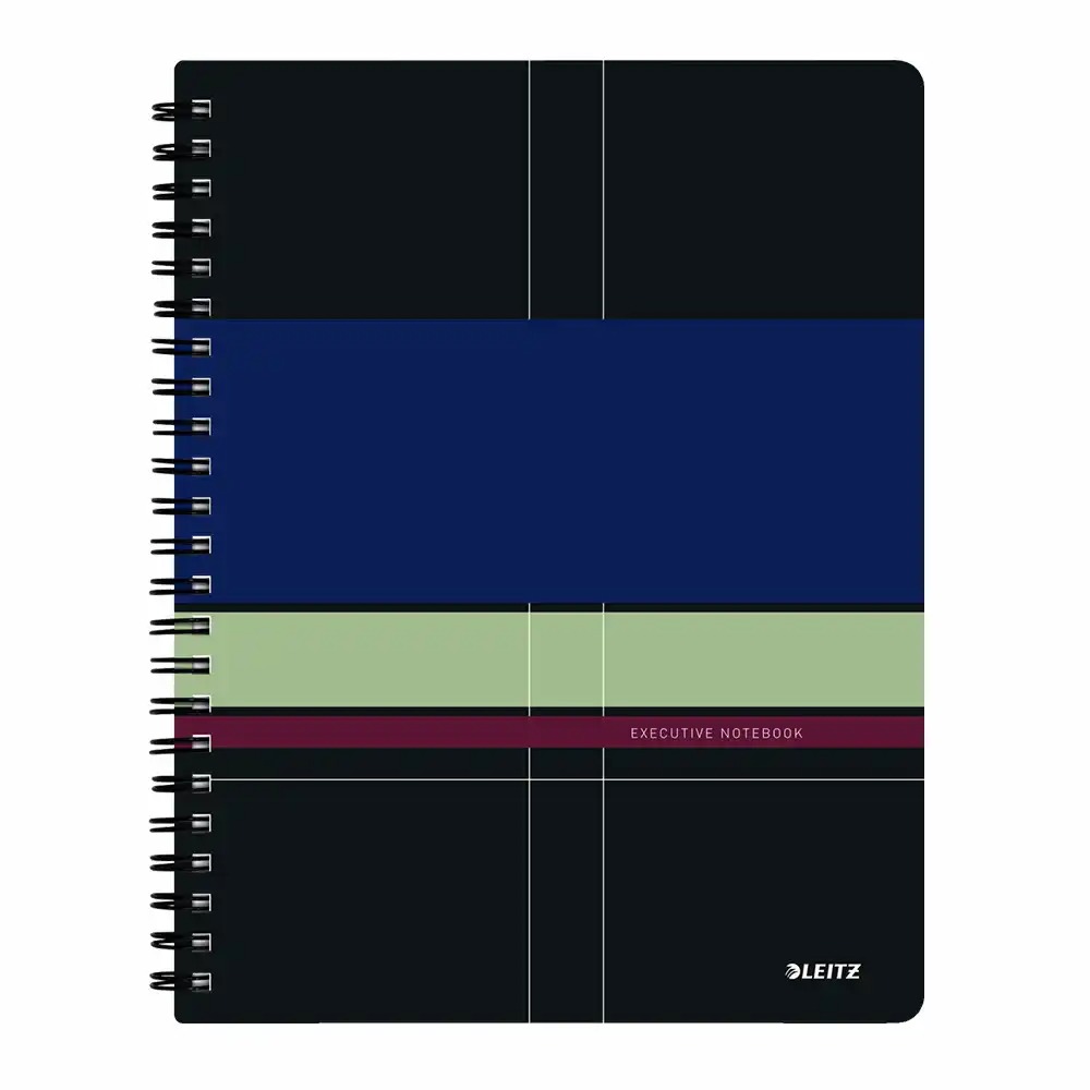 Caiet de birou Leitz Executive Get Organized, A4, PP, 80 file, matematica, negru/violet, spira 360°, certificat FSC