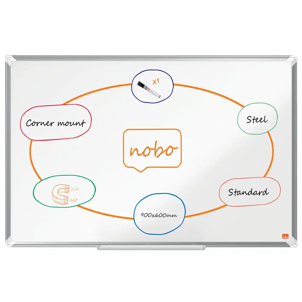 Tabla NOBO Premium Plus, otel lacuit, 90x60 cm, magnetica, include marker si tavita, alb