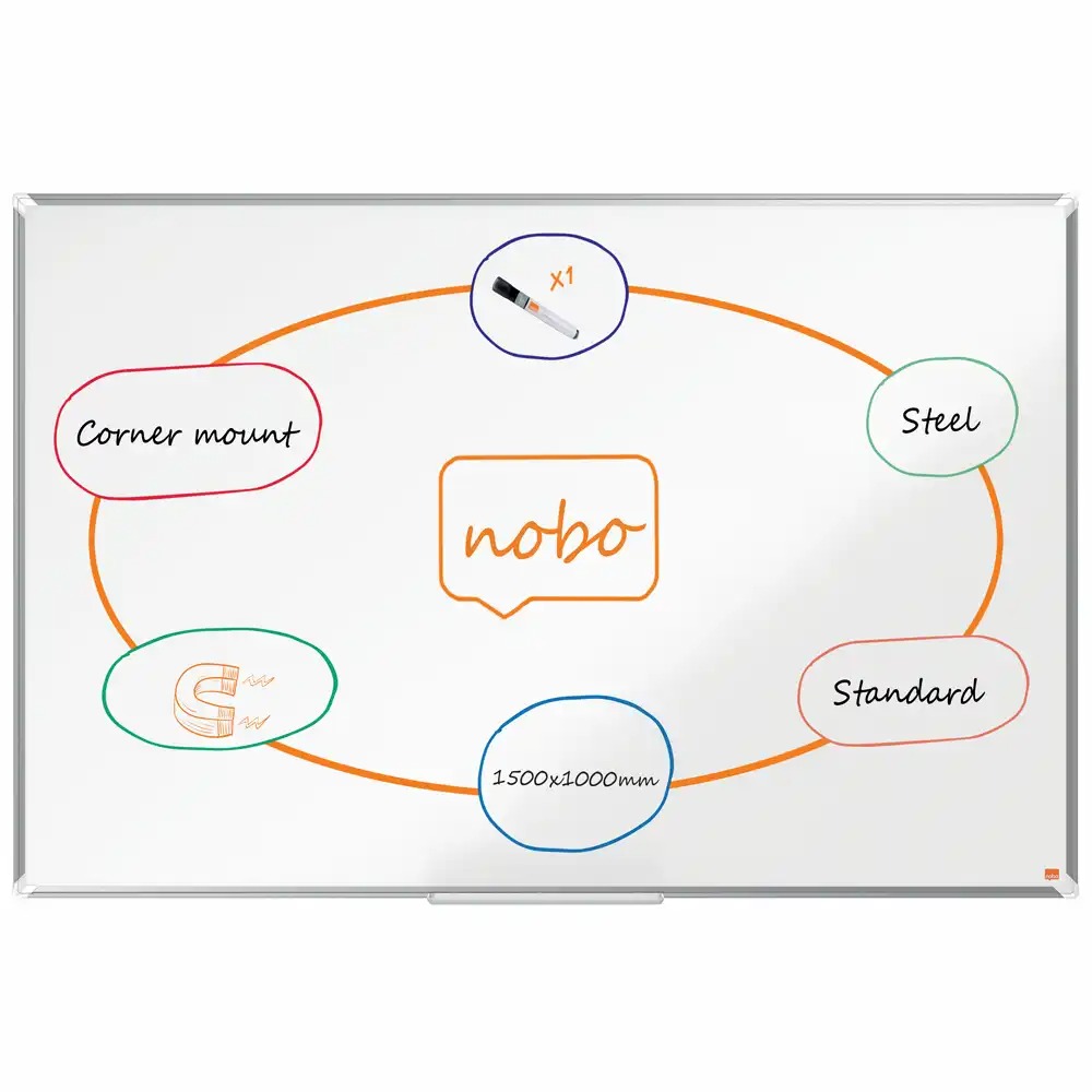 Tabla NOBO Premium Plus, Otel Lacuit, 150x100 cm, Magnet, Marker si Tavita Incluse, Alb, Ideala pentru Birouri si Sali de Clasa