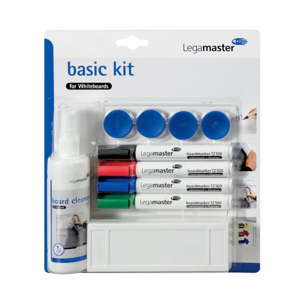 Set accesorii Legamaster Basic Kit, 4 markere TZ100, burete, spray curatat tabla, 4 magneti, culori intense