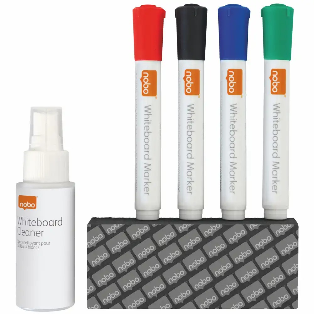 Kit Tabla Nobo, 4 Markere Culori Diverse, Burete Magnetic, Spray Curatare 50 ml - Complet pentru Scriere si Stergere Fara Efort