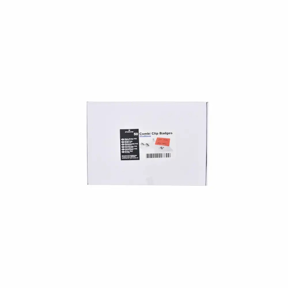 Ecuson orizontal Pavo 90x57 mm, 50 bucati - Policarbonat Transparent, Sistem de fixare cu clema metalica, Protectie cu doua fete, Set complet de...