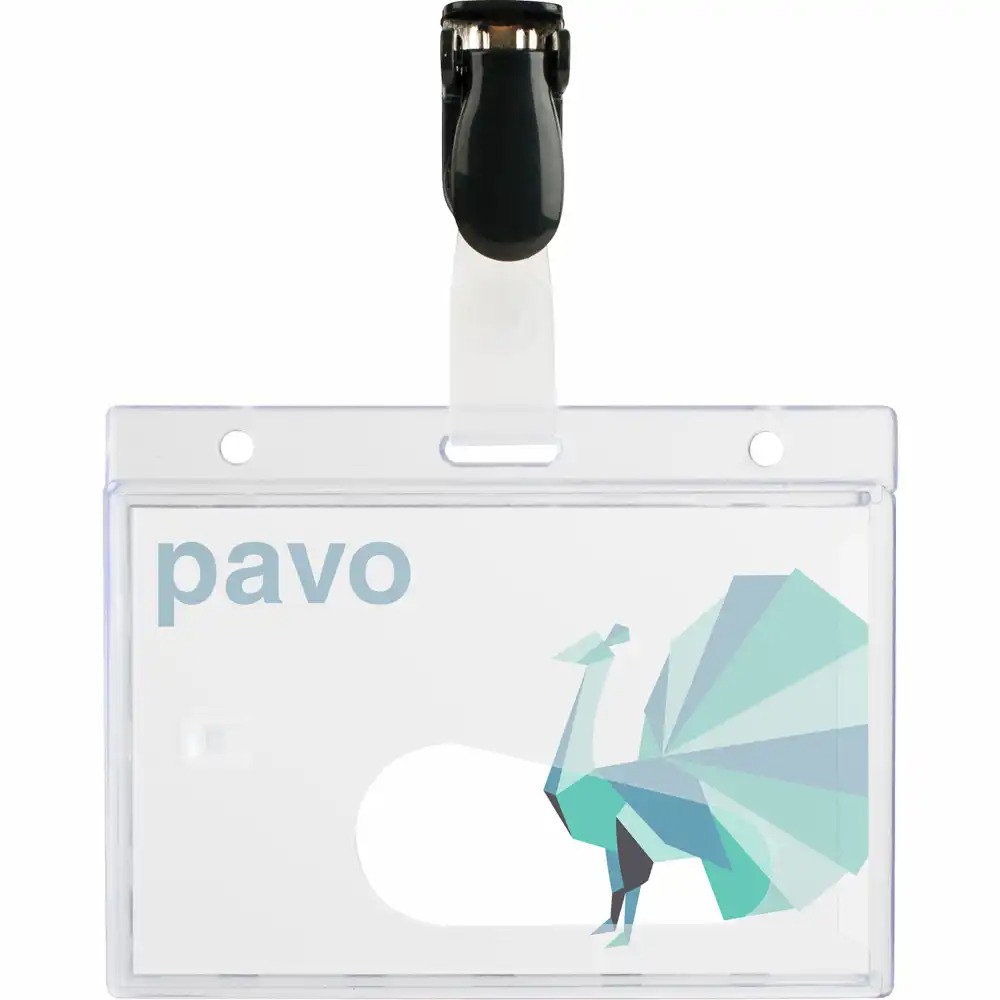 Ecusoane cu clips PVC, 60 x 90 mm, 25 bucati/cutie, transparente, fixare sigura, ideal pentru evenimente