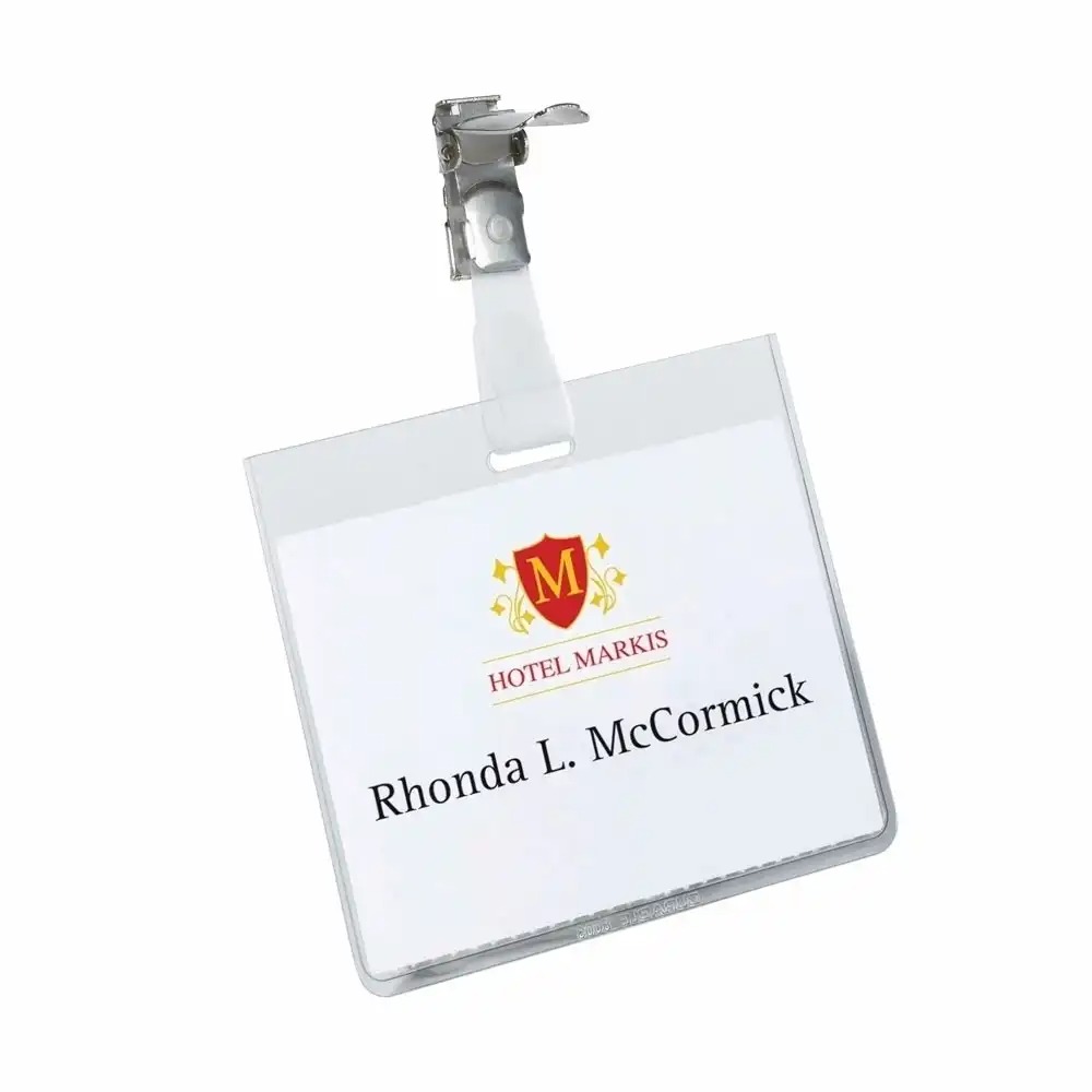 Ecuson orizontal Durable 60 x 90 mm, cu clip rotativ - Ideal pentru evenimente si conferinte - Set de 10 bucati