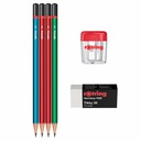 Set 4 creioane grafit Rotring HB, radiera Tikky30, ascutitoare cu container