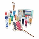 Set de acrilice Morocolor Primo, 75 ml, 14 culori + pasta modelare, 5 pensule + 2 placi de panza