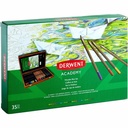 Set pentru desen DERWENT Academy, 35 piese, cutie de lemn, creioane colorat, acuarela, grafit, accesorii esentiale
